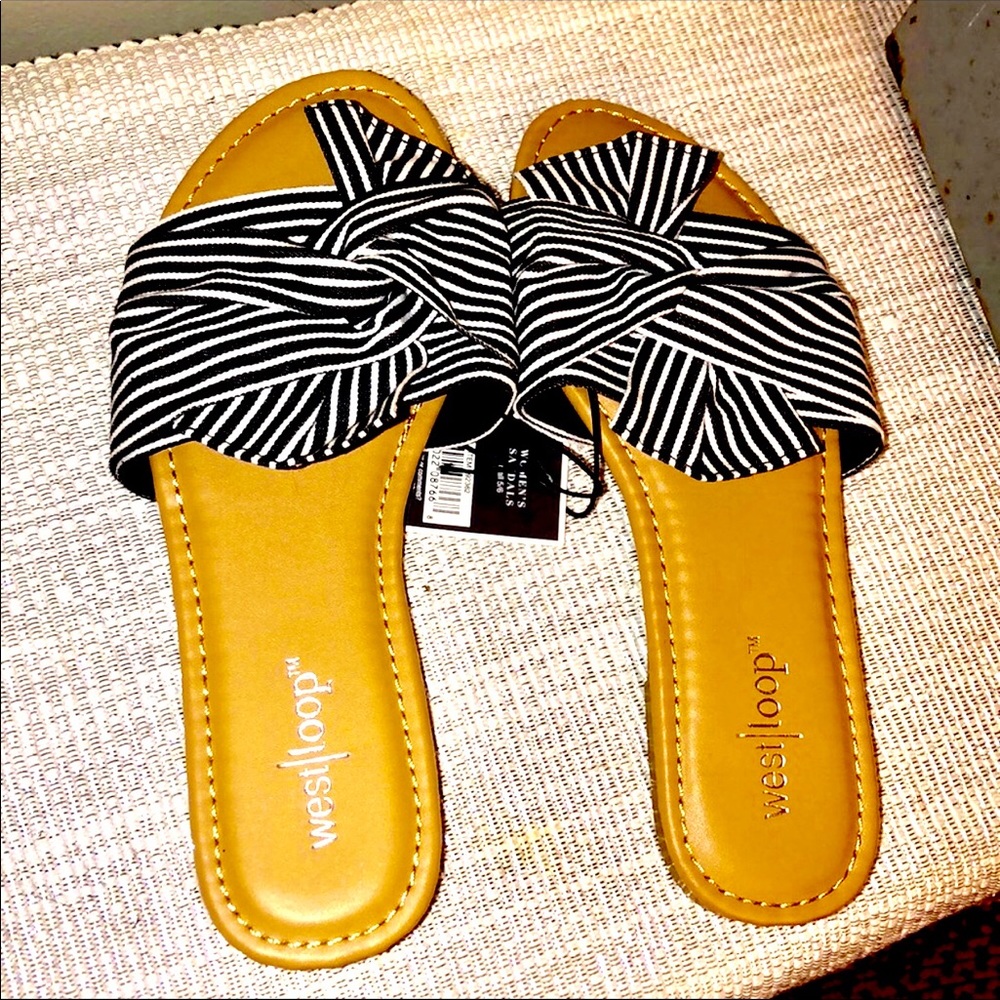 Westloop black & white striped Flip flops w/bow